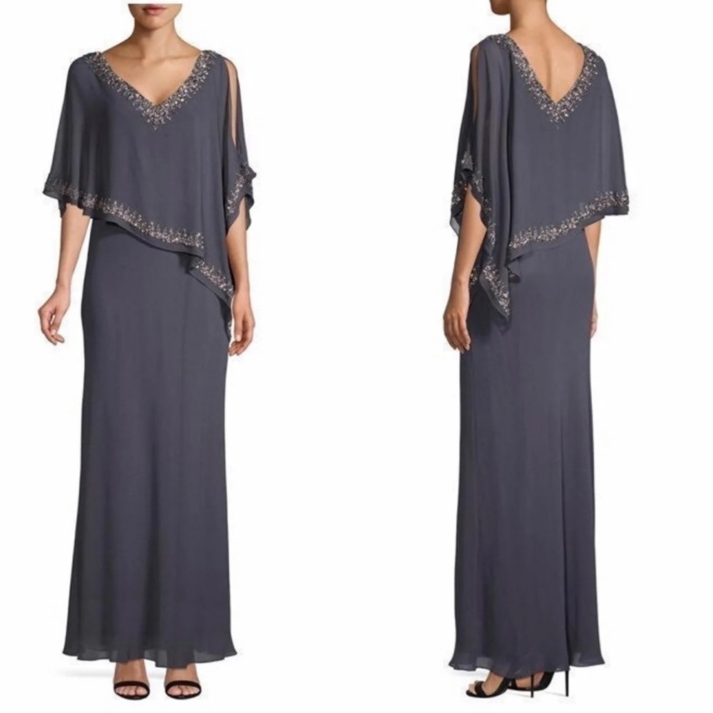 Gray Beaded-Embellished Caplet Formal Size 6 Gown